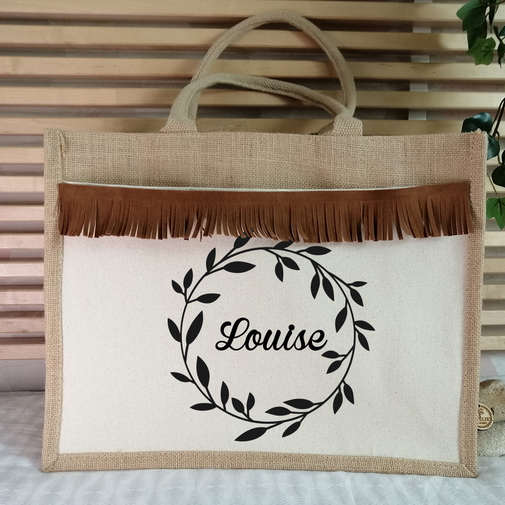 Sac en jute avec couronne de fleurs et prénom personnalisé